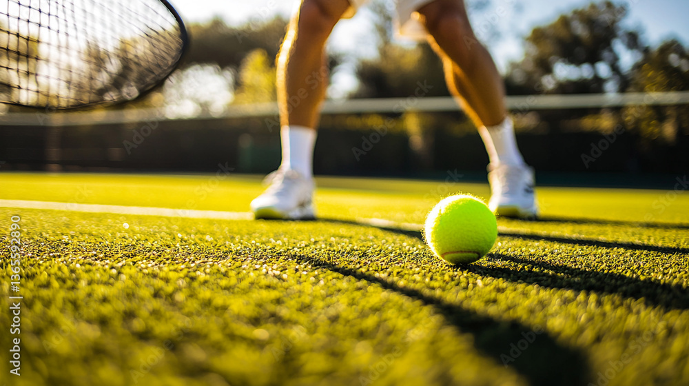 Poster a tennis ball on the court with a player and net visible in the background during a sunny day game t