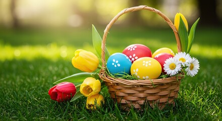 Fototapeta premium Colorful Easter eggs in a basket with spring flowers on grass 