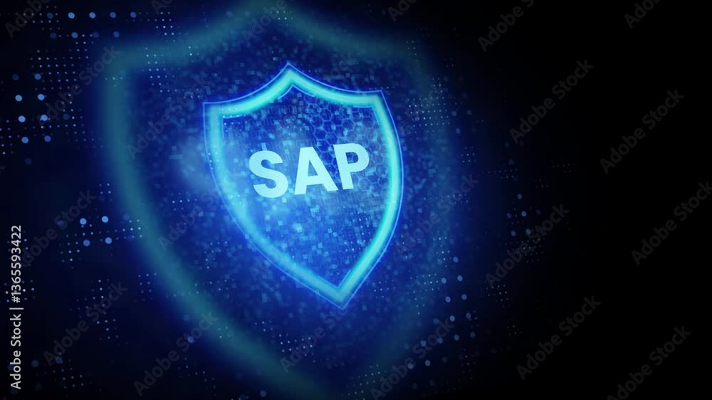 Poster sap system software automation concept on virtual screen data center. business, modern technology, i