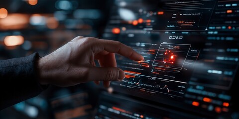 High-tech data analysis display captures intense focus of a user navigating complex metrics at night