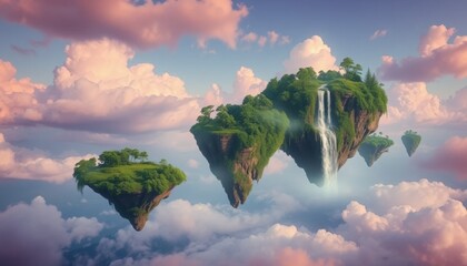 Surreal Dreamscape Floating Islands, Lush Greenery, Pink Clouds
