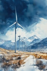 A scenic landscape featuring tall wind turbines on a grassy plain, with mountains in the background under a dramatic sky. The scene captures the essence of renewable energy and nature.