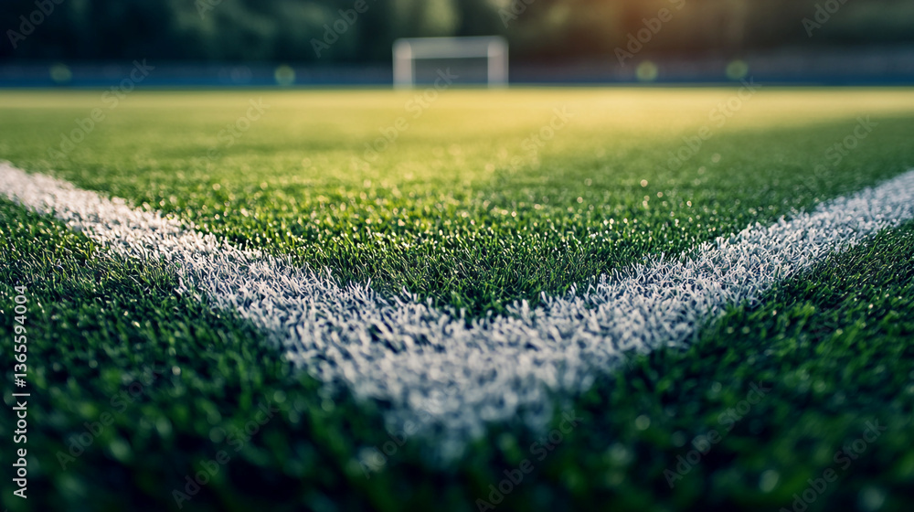Poster a ground level view of a soccer field with white lines and a goal in the background on a sunny day