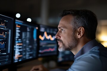 A determined man focuses intently on intricate financial charts and graphs, highlighting his commitment to excellence in understanding market dynamics in a technology-rich environment.