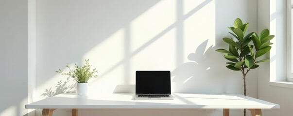 Sunlit minimalist workspace, white walls, simple desk, laptop , desk, organized