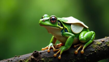 A large frog with a white panel on its back is sitting on a tree branch , frogs, nature