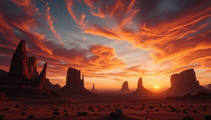 Fiery Sunset over Monument Valley Dramatic Desert Landscape