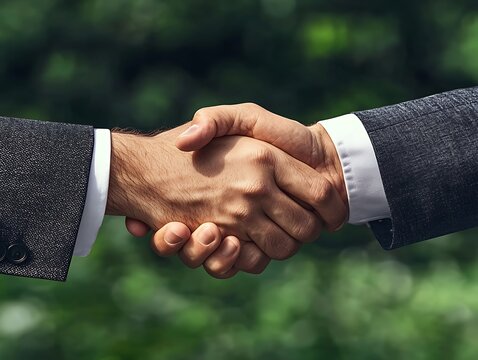Businessmen handshake with green park.