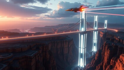 Futuristic Jet Flying Over Canyon Bridge at Sunset