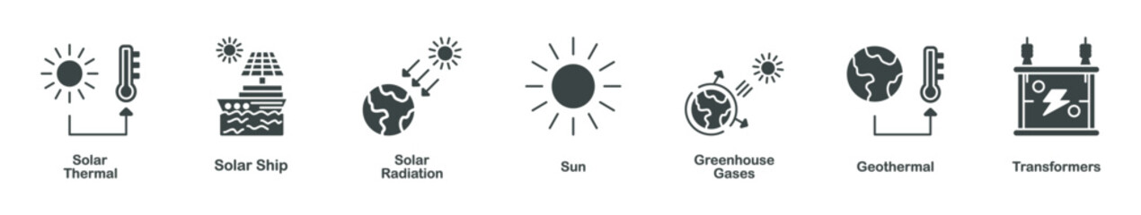 solar energy glyph icon set collection, consist of solar thermal, solar ship, solar radiation, sun, greenhouse gases, geothermal, transformers, simple vector illustration.