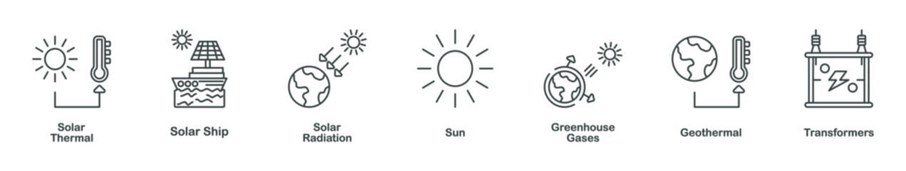 solar energy outline icon set collection, consist of solar thermal, solar ship, solar radiation, sun, greenhouse gases, geothermal, transformers, simple vector illustration.