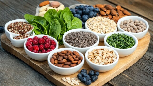 Healthy food bowls nuts seeds berries greens