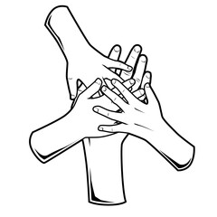 Schwarz-weiße Darstellung von vier übereinandergelegten Händen. Symbol für Zusammenhalt, Vertrauen, Familie, Teamgeist, Hilfe oder soziale Gemeinschaft.
