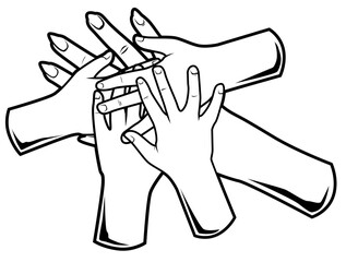 Schwarz-weiße Darstellung fünf übereinandergelegter Hände von Erwachsenen und Kind. Symbol für Familie, Vertrauen, Zusammenhalt, Unterstützung und generationsübergreifende Verbindung.