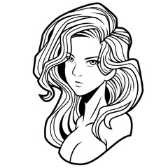 Schwarz-weiße Darstellung einer jungen Frau mit langem, vollem Haar im Comicstil. Ideal für Porträts, Ausmalbilder, Charakterdesign, Fantasy, Manga oder Tattoo-Vorlagen.