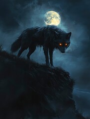 Fototapeta premium Lone Black Wolf on a Clifftop Under a Full Moon