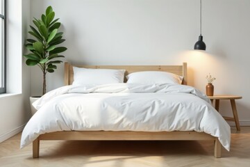 bed with white linens and pillows on a minimalist Scandinavian bed frame, Natural light, Neutral colors