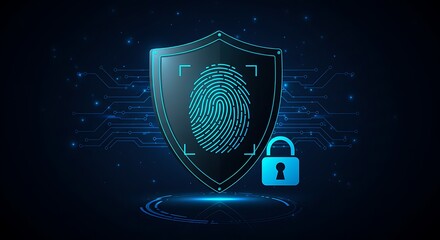 Digital shield with fingerprint and padlock representing security and protection concept art