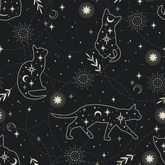 Astrology seamless pattern with magic cats. Stars, sun, plants, crescents on the black background. Magic textile design, fabric, wallpaper. 