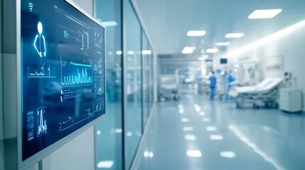 An AI powered smart healthcare system providing real time monitoring of vital signs and emergency care alerts in a futuristic hospital, Medical technology style, photo of