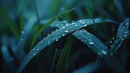 A close-up shot of dewdrops on a blade of grass, capturing the beauty of nature and freshness of early mornings, perfect for a nature or environmental brand. -