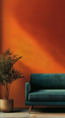 A modern living room scene with colorful wall and plant