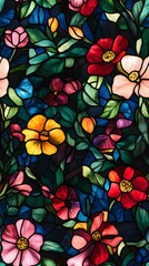 Vibrant Floral Stained Glass: A mesmerizing composition of colorful flowers and lush leaves artfully arranged in a stained glass style, casting a warm glow.
