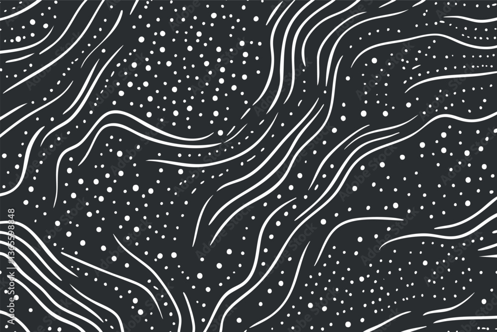 Poster abstract black and white pattern with flowing lines and dots for modern designs.