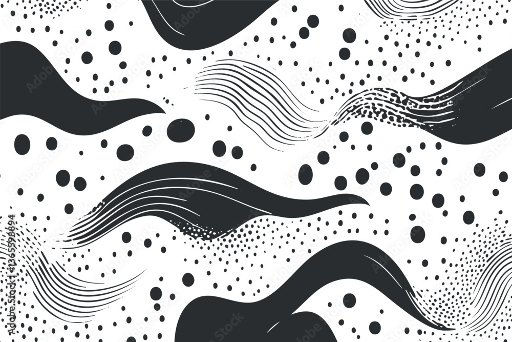 Poster abstract monochrome pattern with waves, dots, and lines for modern design projects.