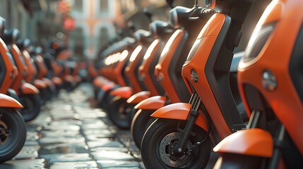 Fototapeta premium Electric scooters parked neatly in a modern city as part of shared mobility.