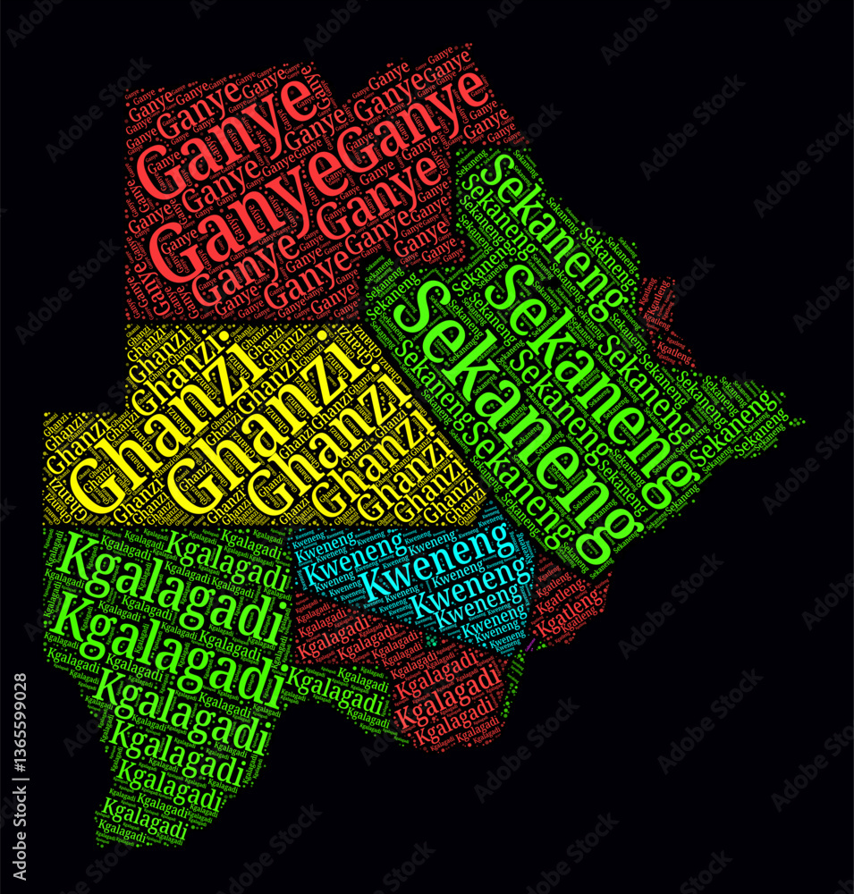 Poster botswana regions word clouds. bright neon style design on dark background. region names of the count