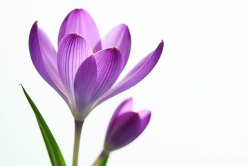 Fototapeta premium Intense purple crocus saffron, pure white backdrop , single, nature, petal