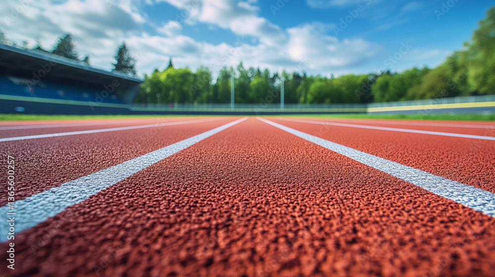 Poster a close up view of a red running track with white lines under a cloudy blue sky on a sunny day
