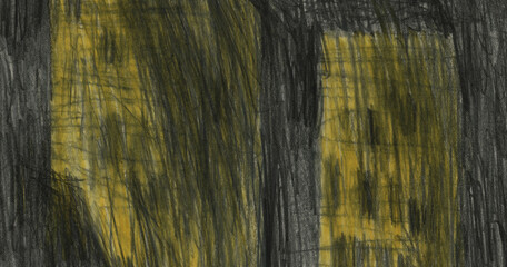 Yellow skyscrapers night illustration or high rise buildings on dark background in hand-drawn pencil drawings style with natural paper texture