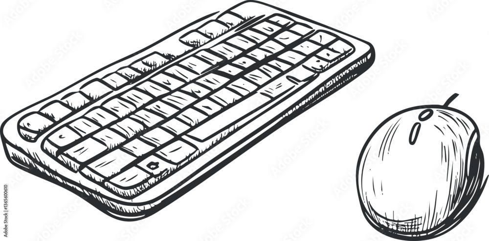 Aufkleber black and white vector illustration of a computer keyboard and mouse, ideal for tech designs.
