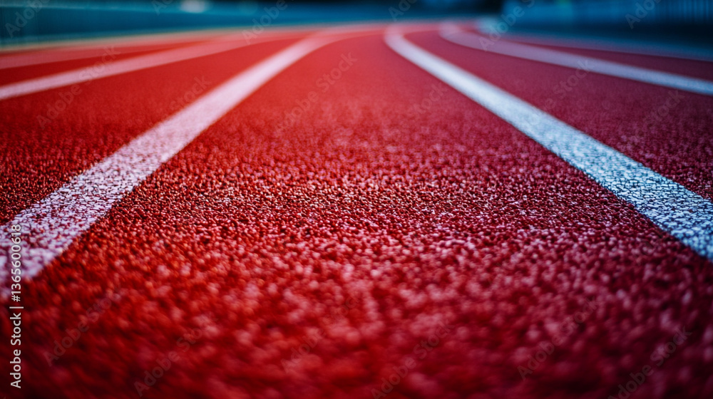 Poster a close up view of a red running track with white lines curving into the distance on a sunny day