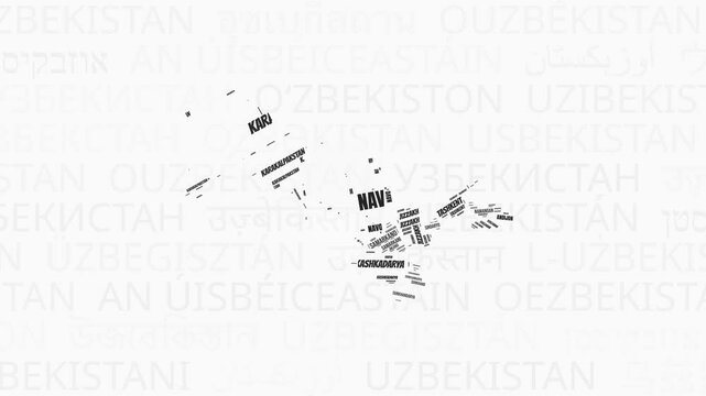Uzbekistan intro animation. Country with regions illustration video. Background with country names in various languages. Regions of Uzbekistan animation. Classy video.