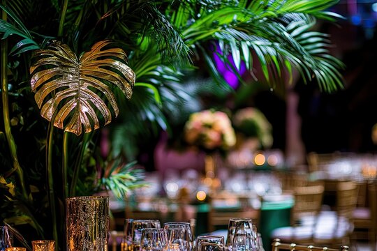 Tropical event decor, lush greenery and gold accents