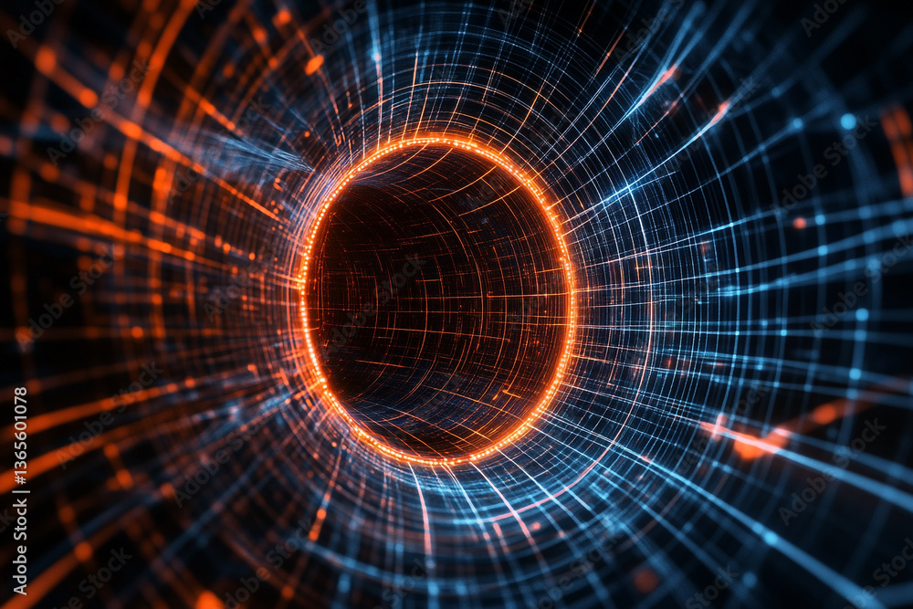 Aufkleber abstract rendering of a digital tunnel with blue and orange lines converging to a dark center