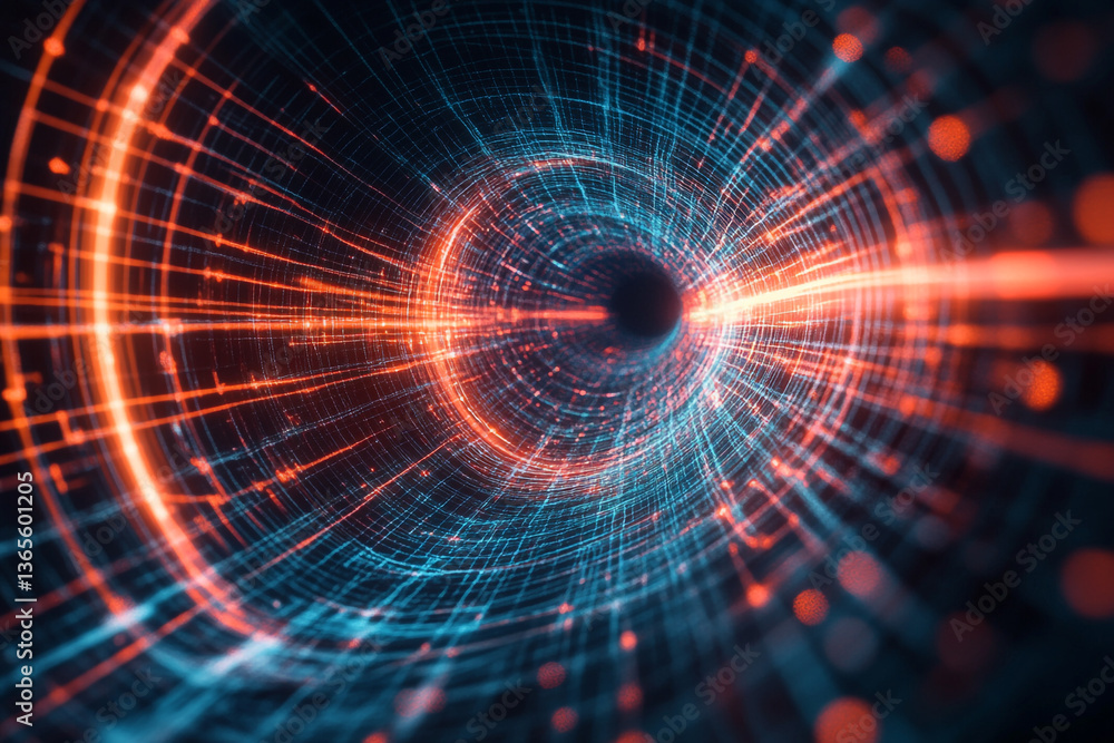 Poster abstract technology tunnel with glowing lines and grid pattern in blue and orange colors