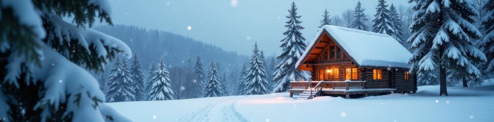 Cozy winter cabin nestled among snow-covered pine trees under a blanket of falling snow, quiet haven, winter retreat