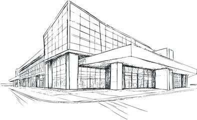 Fototapeta premium Modern architectural sketch of a glass building for design and concept presentations.