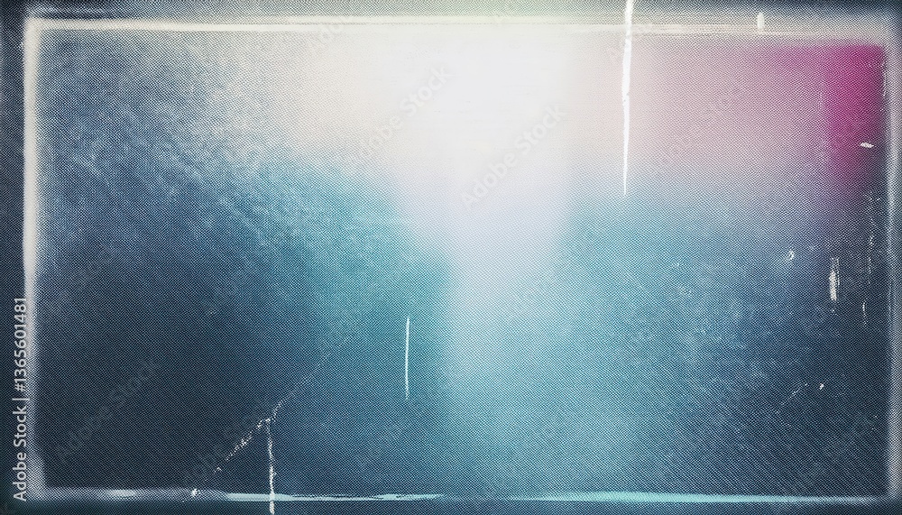 Poster textured abstract vintage frame with scratched blue and pink gradient, retro halftone pattern, faded