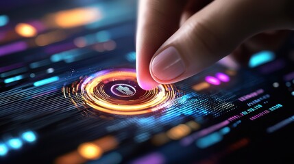 Obraz premium Glowing abstract and futuristic digital technology interface with holographic displays data visualization elements and elements representing market and investment applications