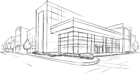 Modern commercial building sketch for architectural design and urban planning projects.