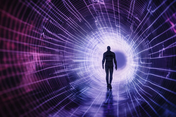 A person walking into a tunnel of light with purple and blue lines converging at the end point
