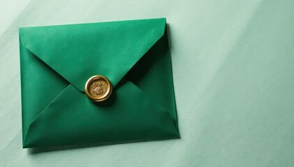 Emerald green envelope, gold wax seal, linen texture, style, photography