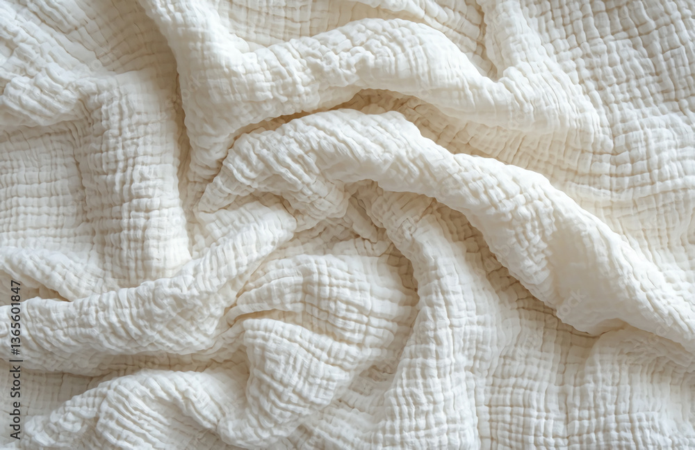 Poster close up view of a soft white muslin fabric with a textured and wrinkled appearance creating folds