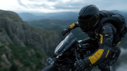 Obraz premium Rider on motorcycle, mountain view