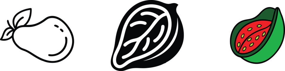 Cocoa Bean Fruit Illustration Outline, Solid, and CutOpen Designs